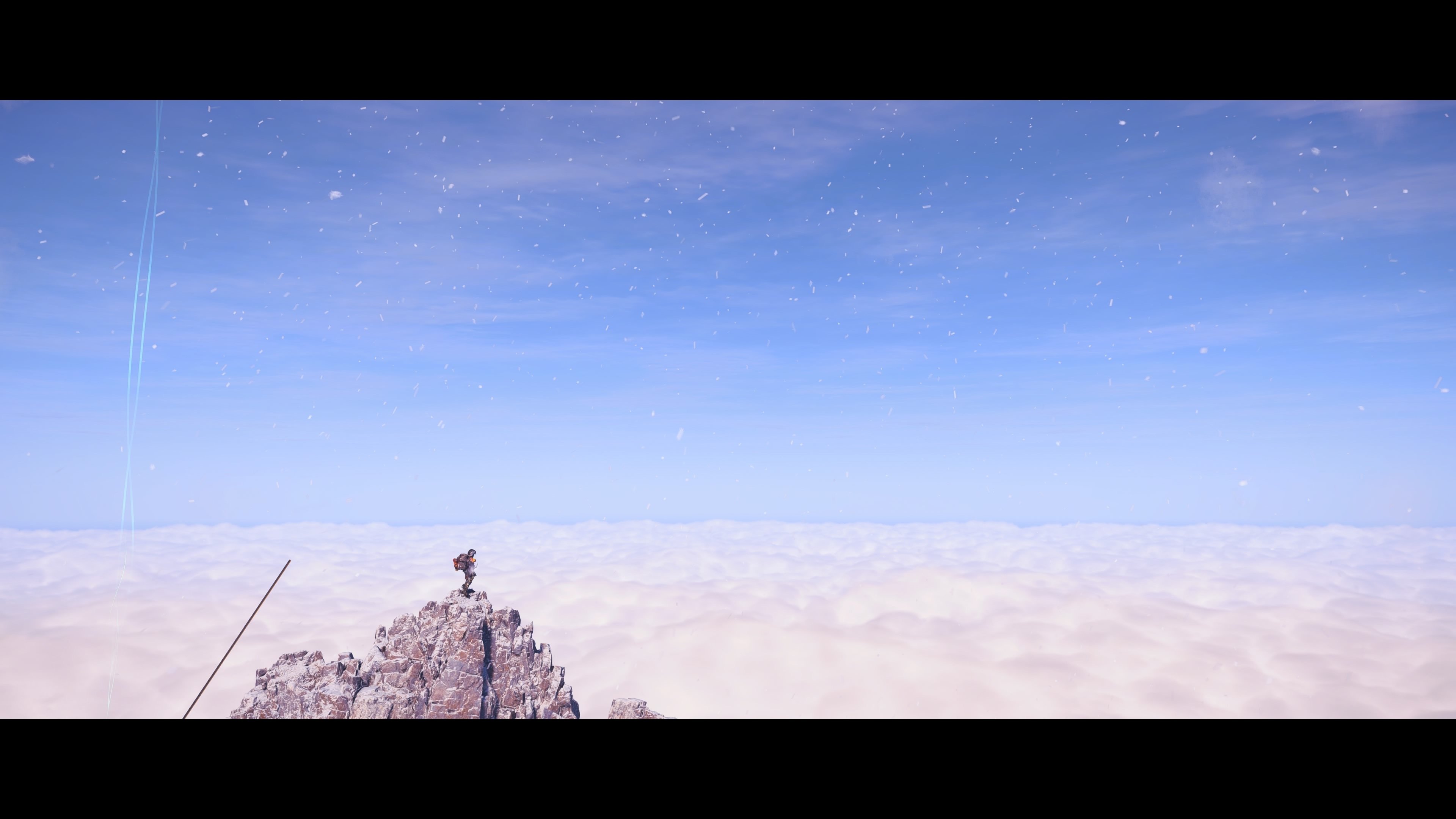 Sam stands atop a mountain in Death Stranding 2: On the Beach