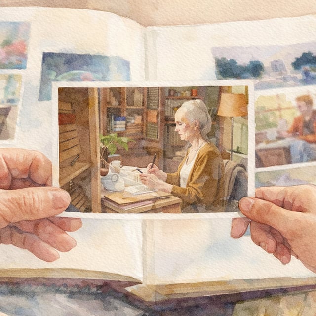 Hands holding a photograph of an elderly woman, perhaps someone the person misses.