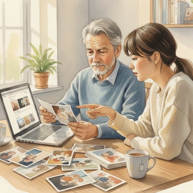 A young woman and her dad sitting at a laptop going through family photos, perhaps deciding which ones to scan and upload.