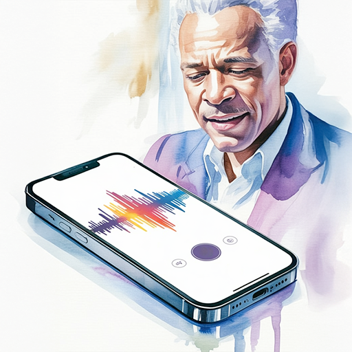 A smartphone showing an interface that appears to be recording the voice of a man, who is shown behind it.