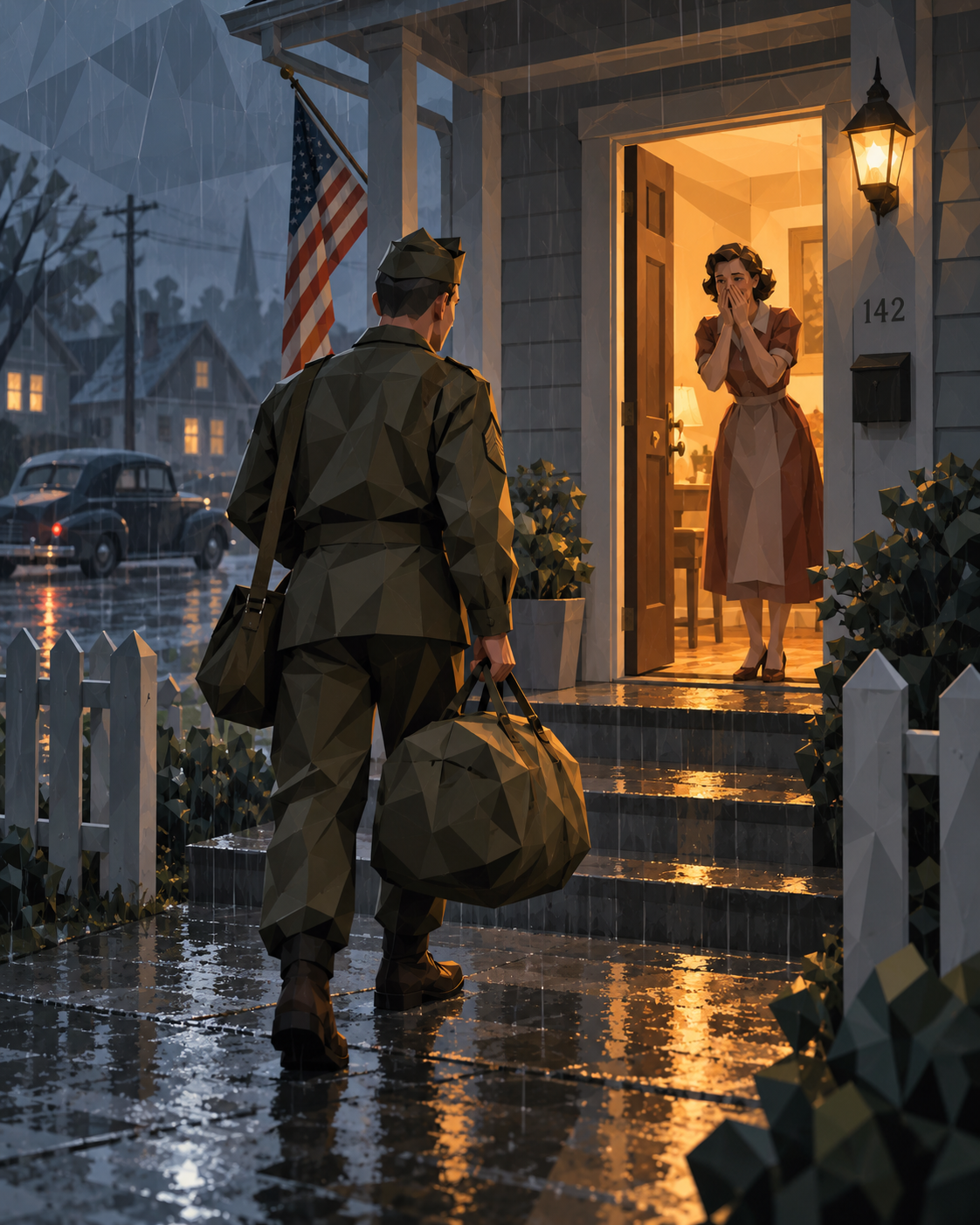 Illustration of a WWII solider returning home
