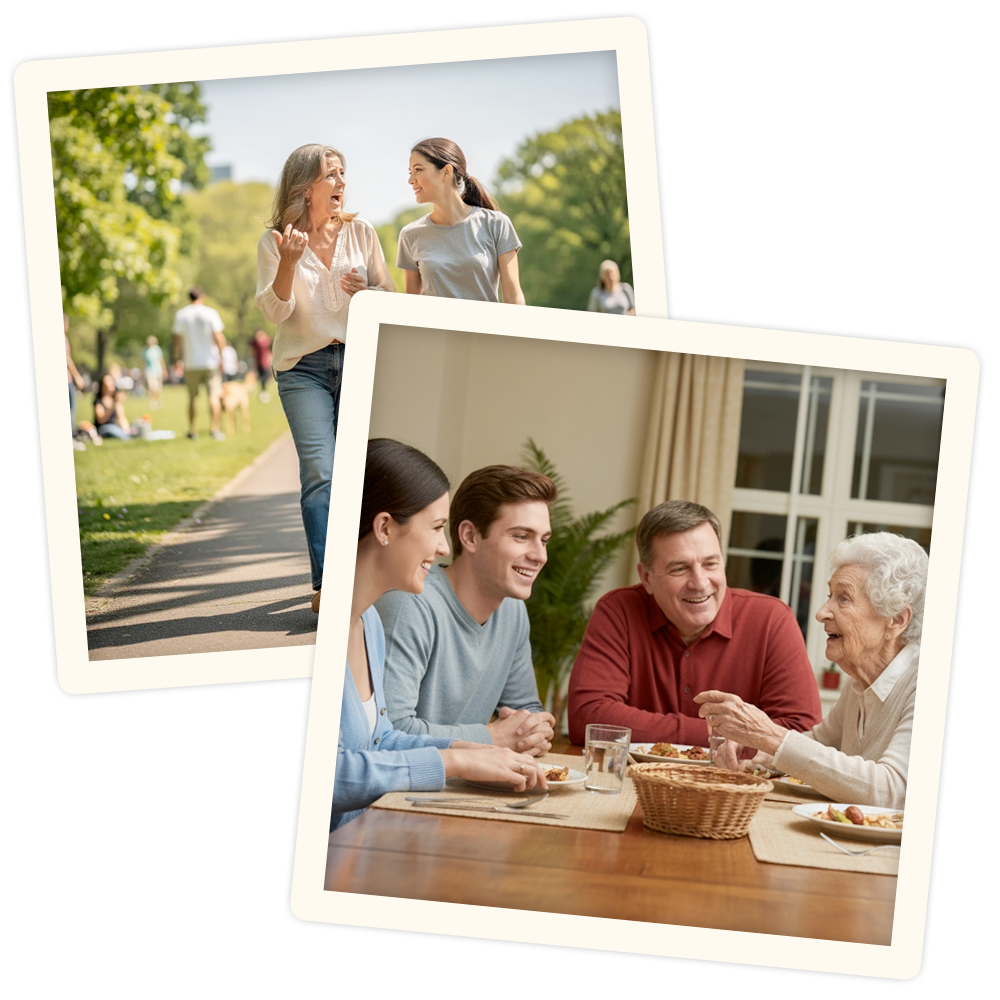 Several photos depicting living people telling stories to members of their family.