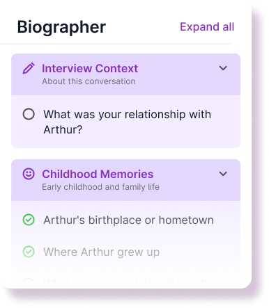 UI from the Reflekta Product of a topic list from the Biographer