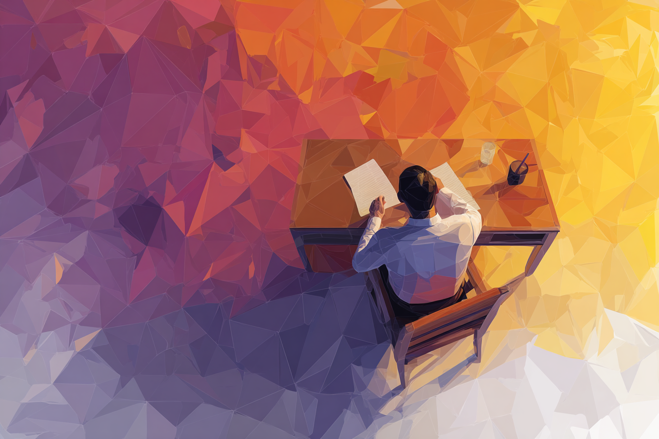 An illustration of a man writing a note on a desk.