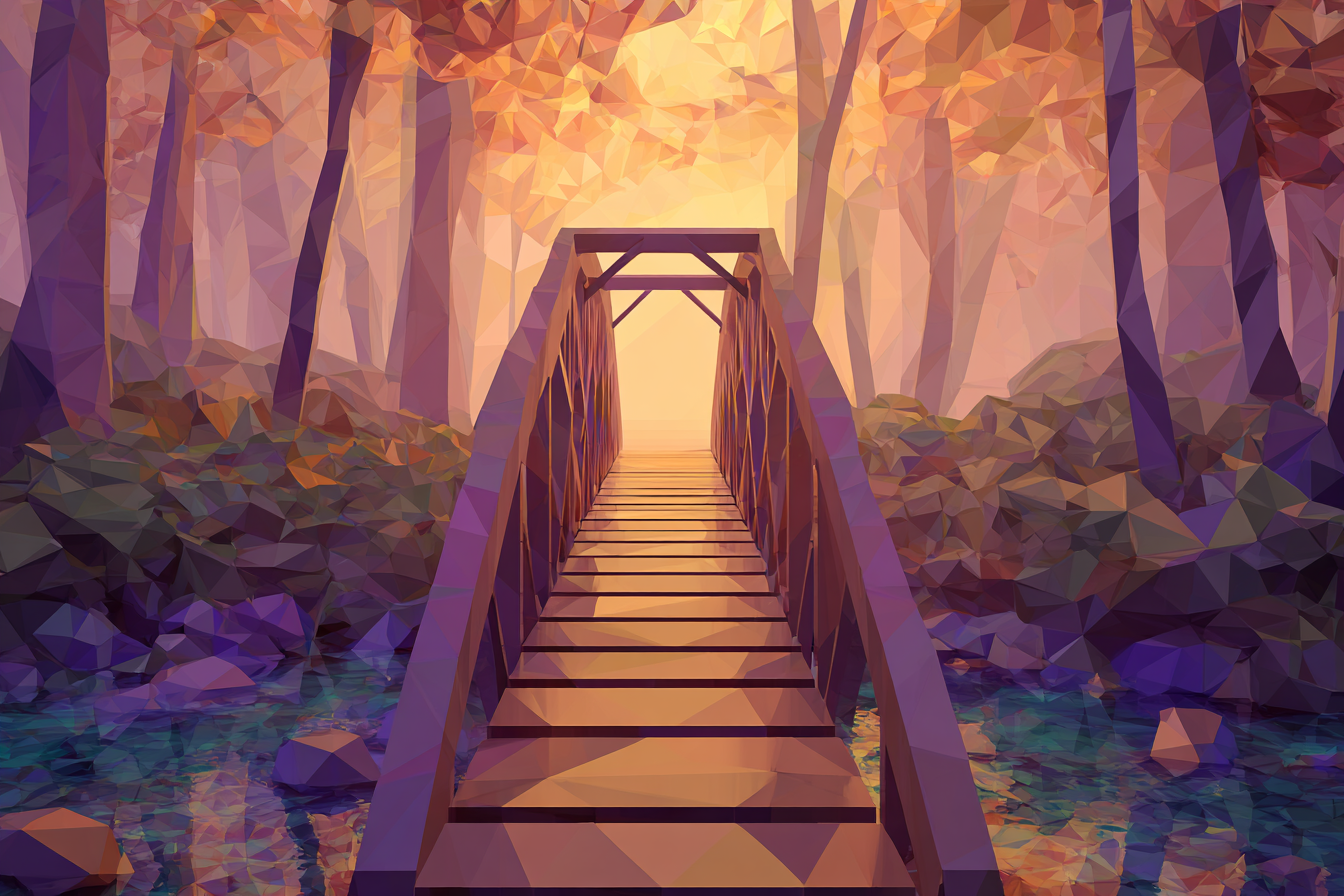 Illustration of a bridge in the woods.