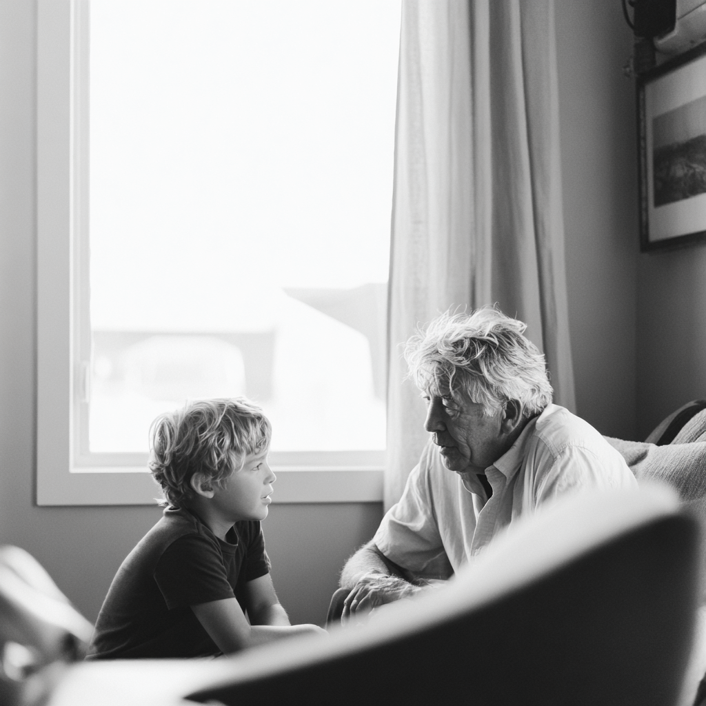 A grandchild speaks with his grandfather