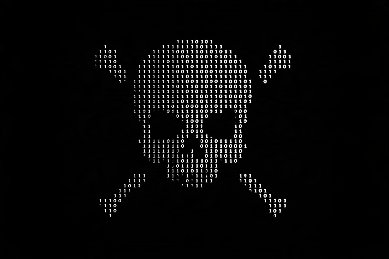 A skull and crossbones made out of 1s and 0s