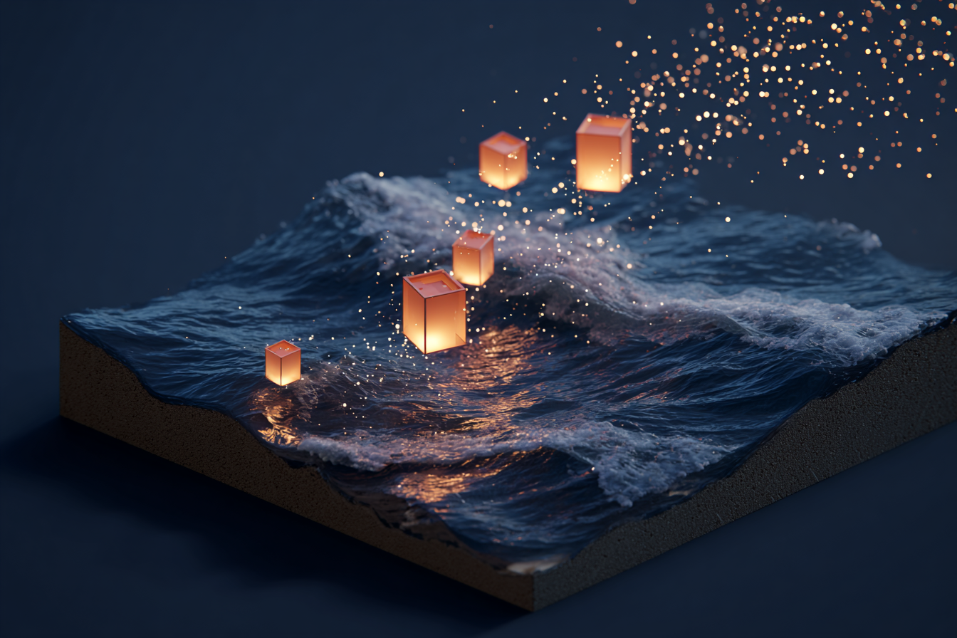 Low poly sky lanterns floating over a sea