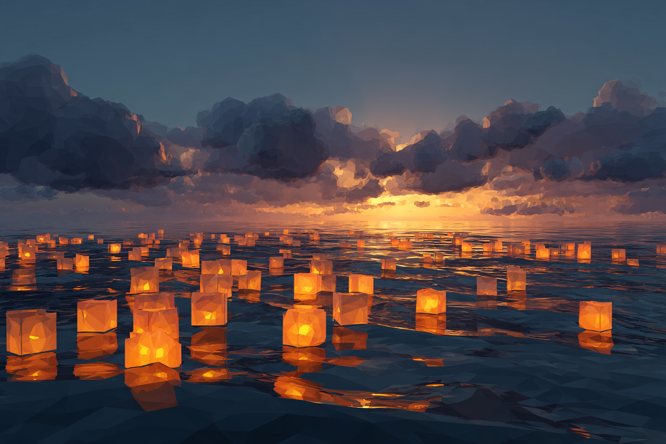 Floating lanterns at sunset.