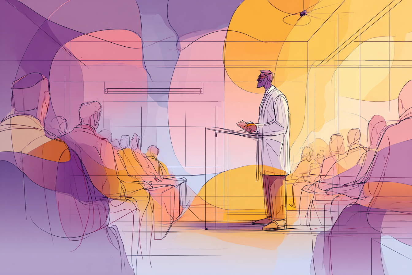 An illustration of a man giving a lecture to students