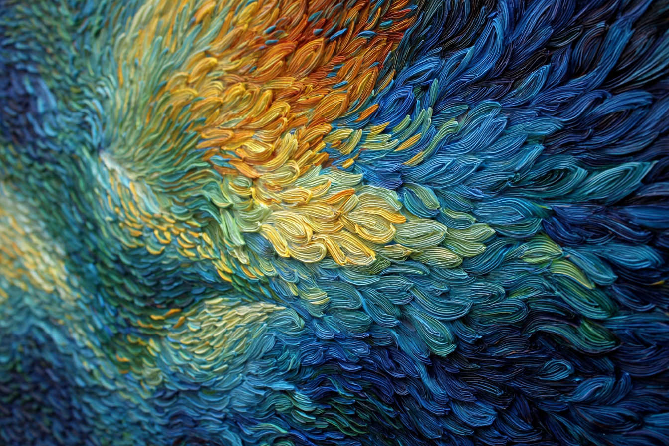 A Van Gogh-like painting of feathers in a wonderful spectrum of colors.