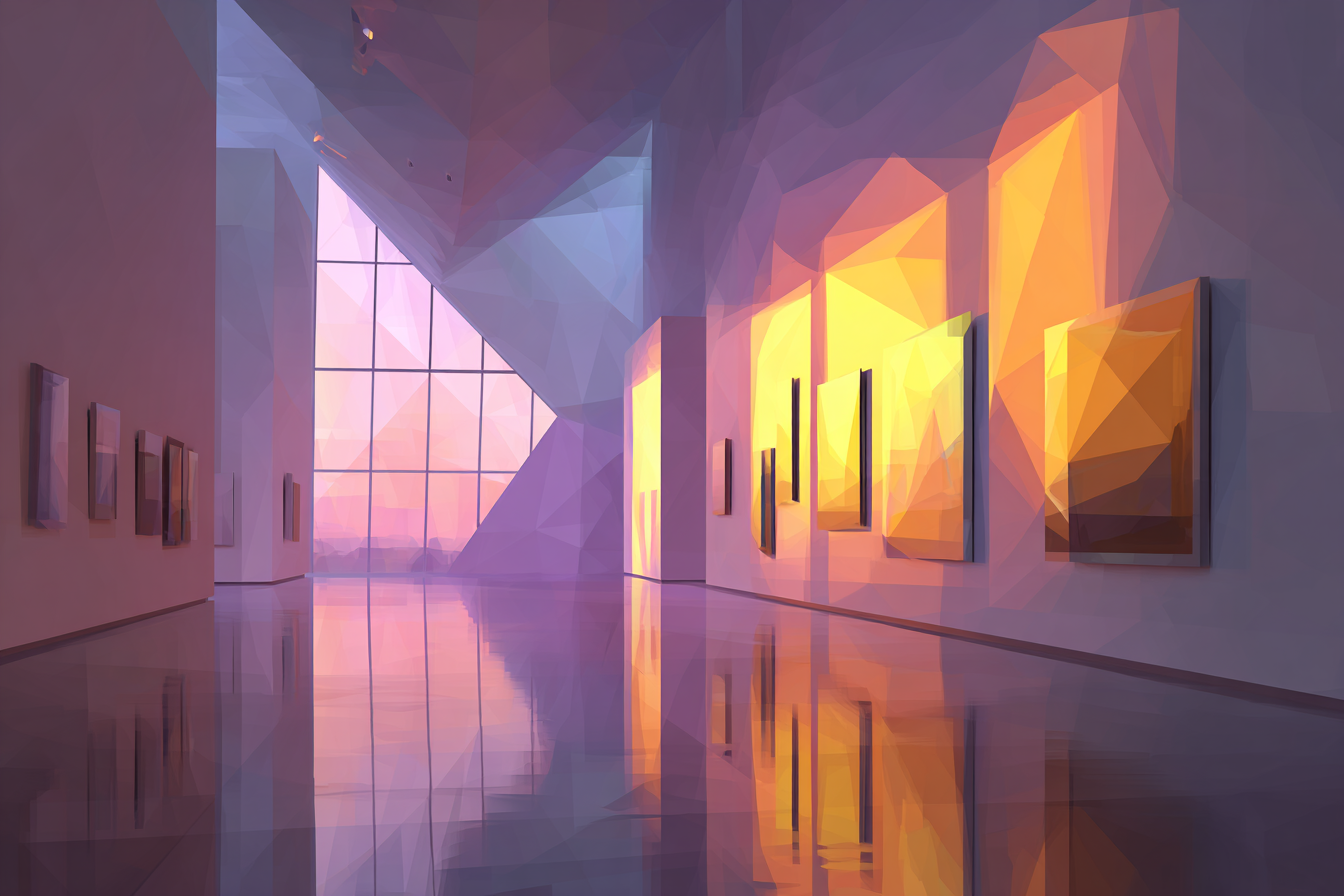 A stylized view of a hallway in a museum.