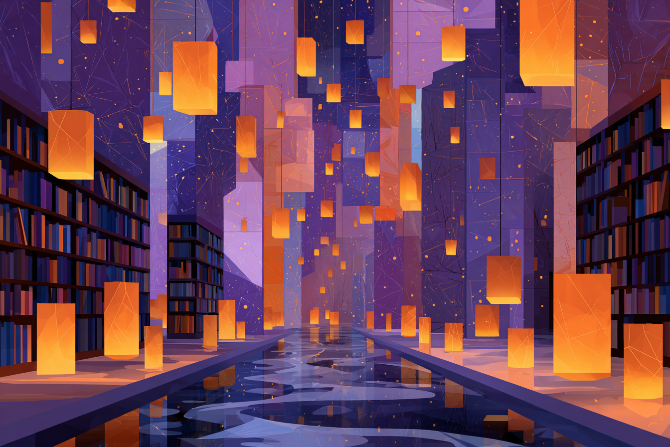 A stylized illustration of a giant library with floating lanterns over a river in the middle.