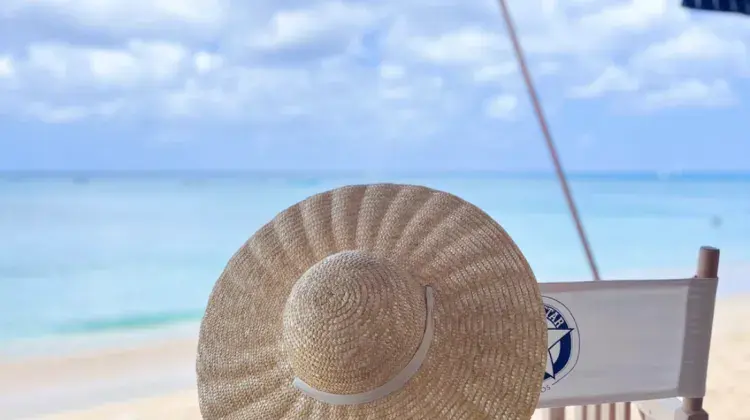 A hat resting on a chair on the beach