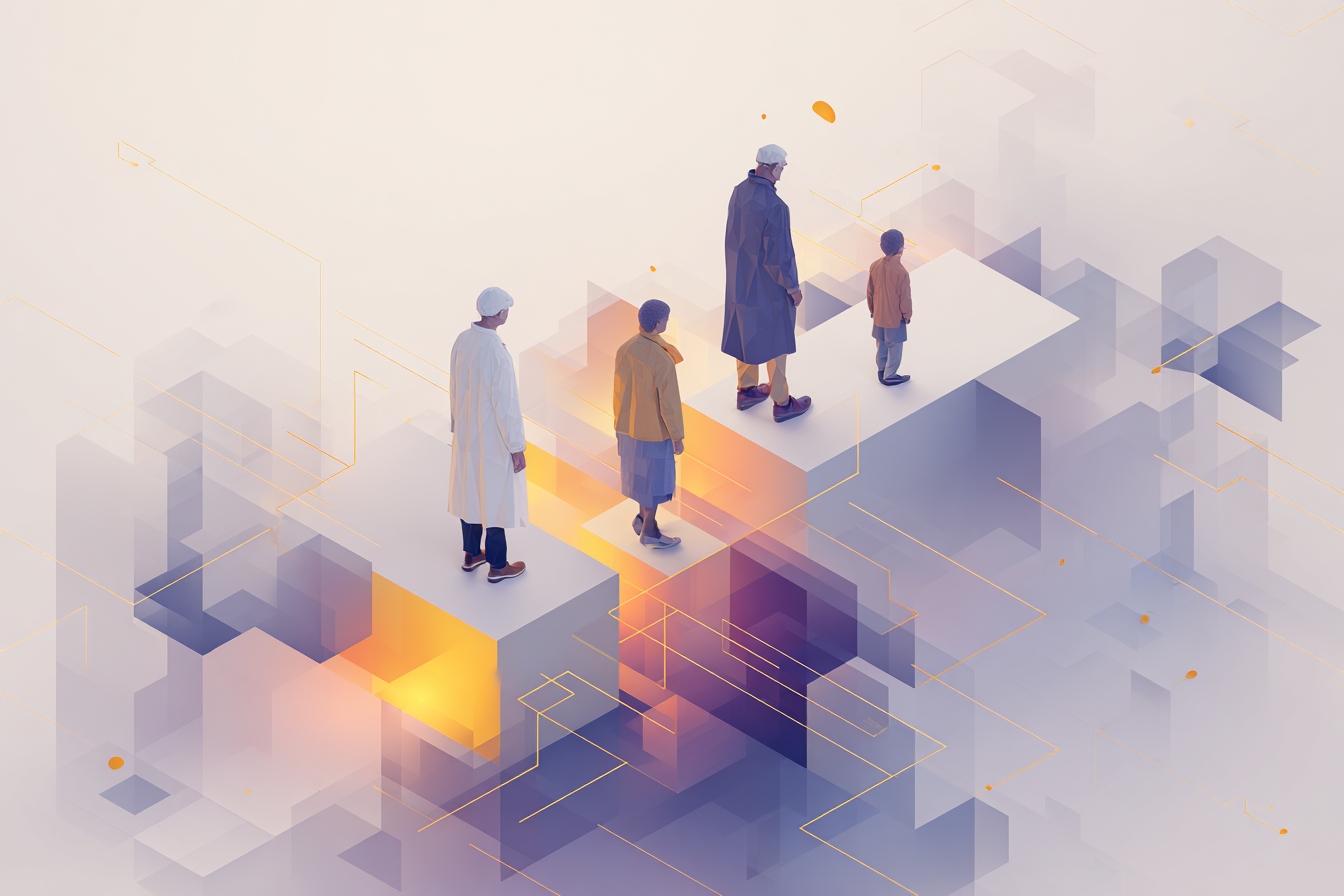 People walking on a digital grid