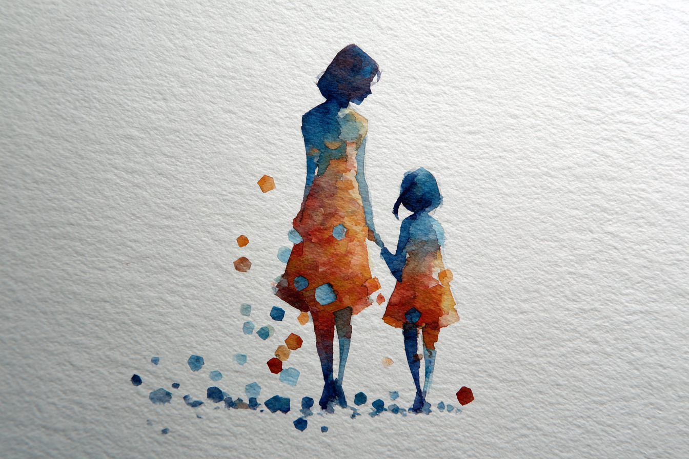 A mother and her daughter, watercolor