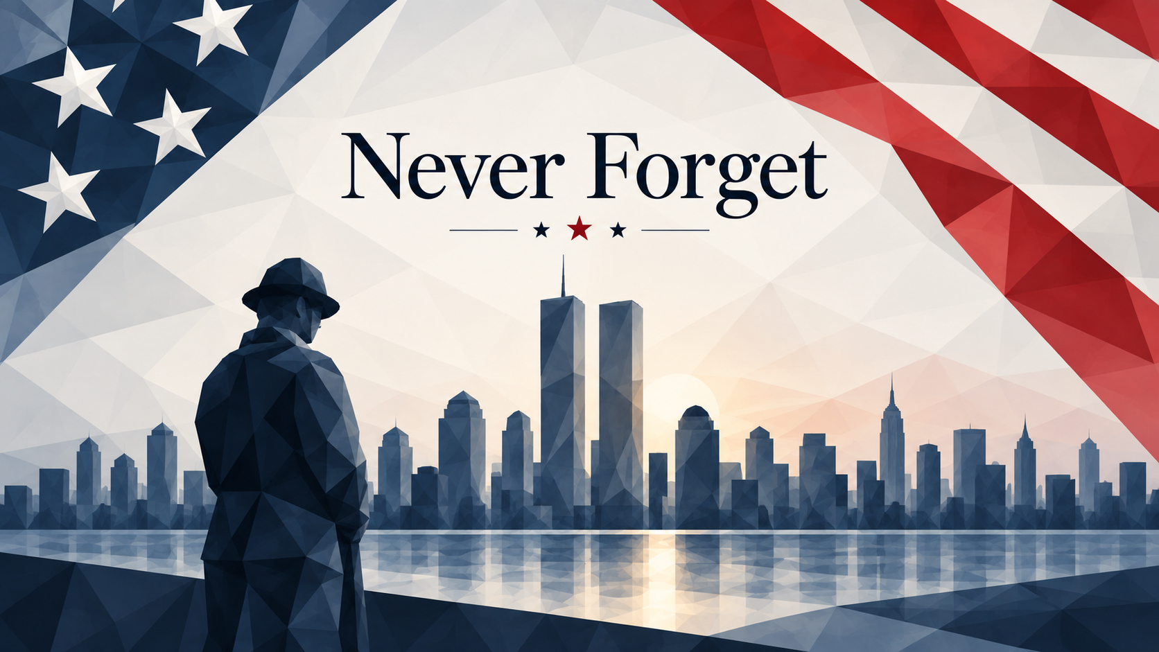 An illustration of the World Trade Center, a fireman, and the words 