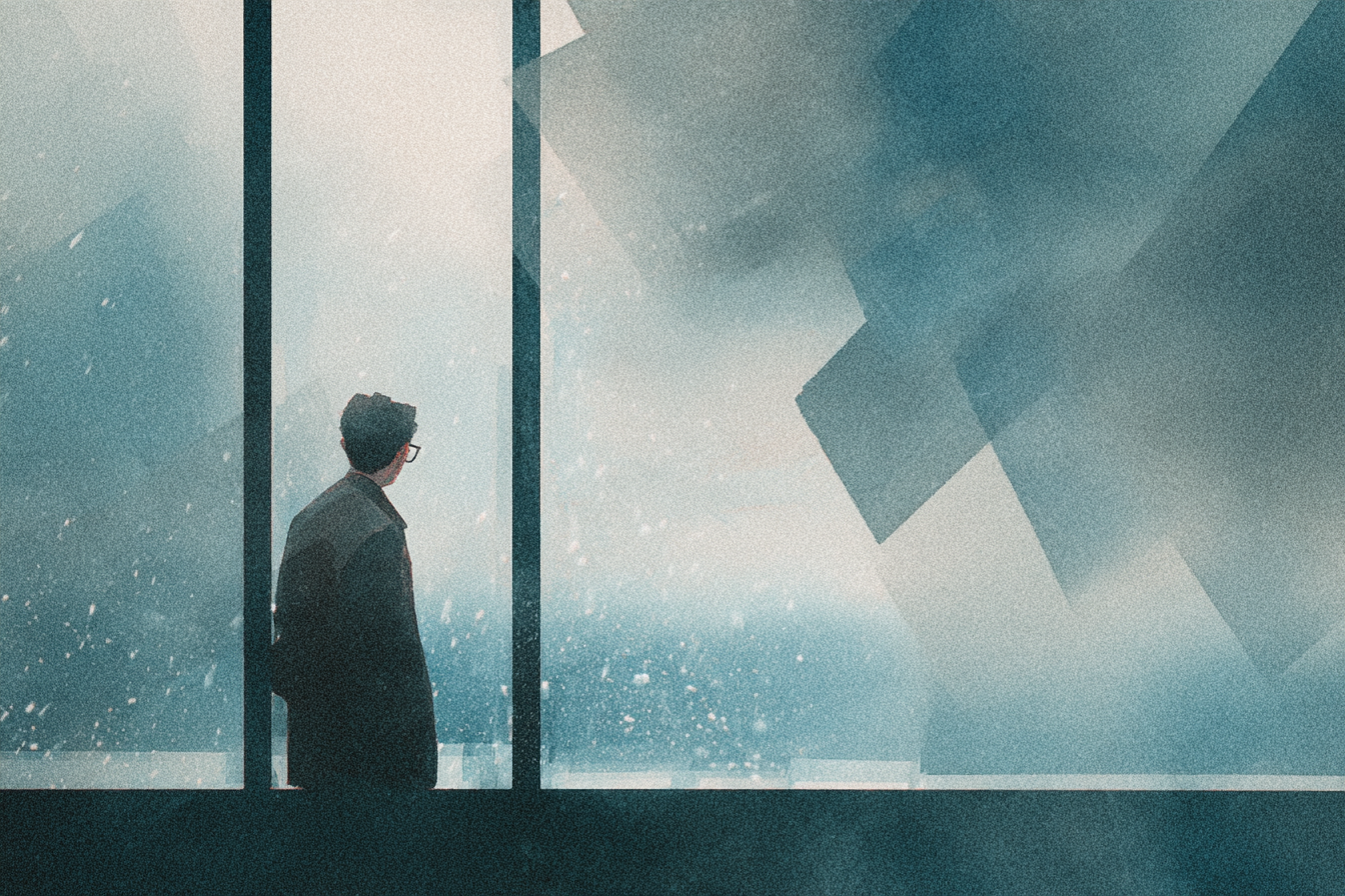 Watercolor of a man looking out a rainy window.