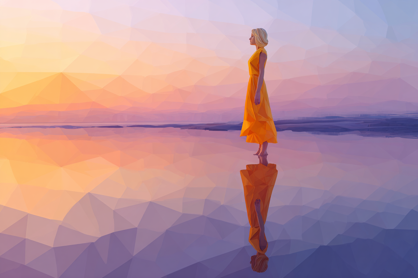 Illustration of a woman standing in calm water with a reflection below her.