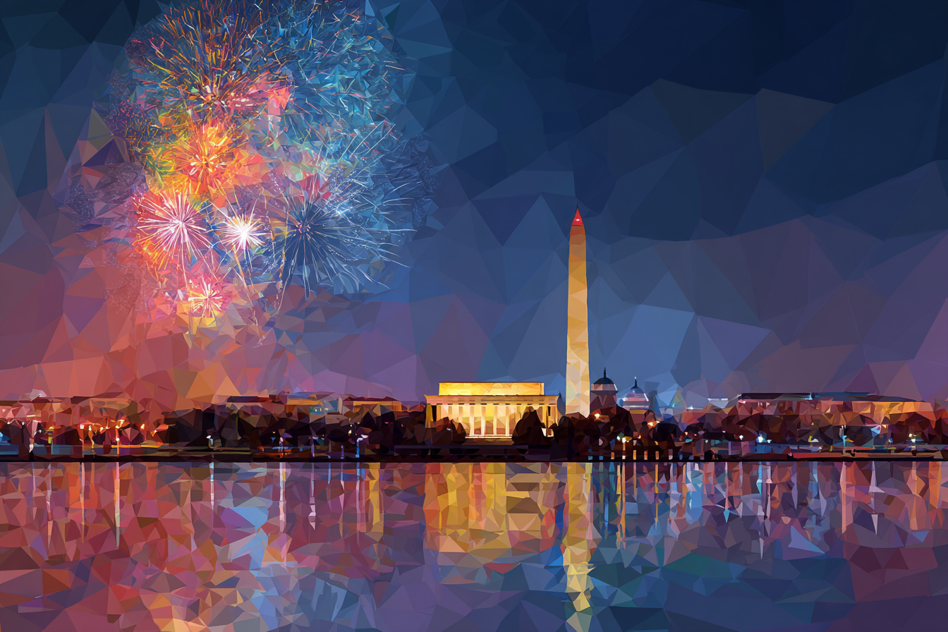 Illustration of fireworks over Washington, DC for America's 250th birthday.