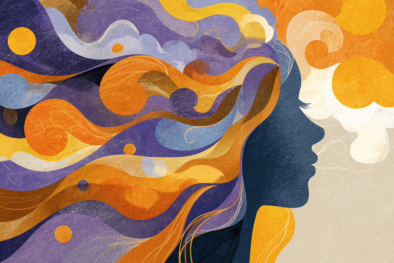 Memories flowing to and from a woman. Illustration.