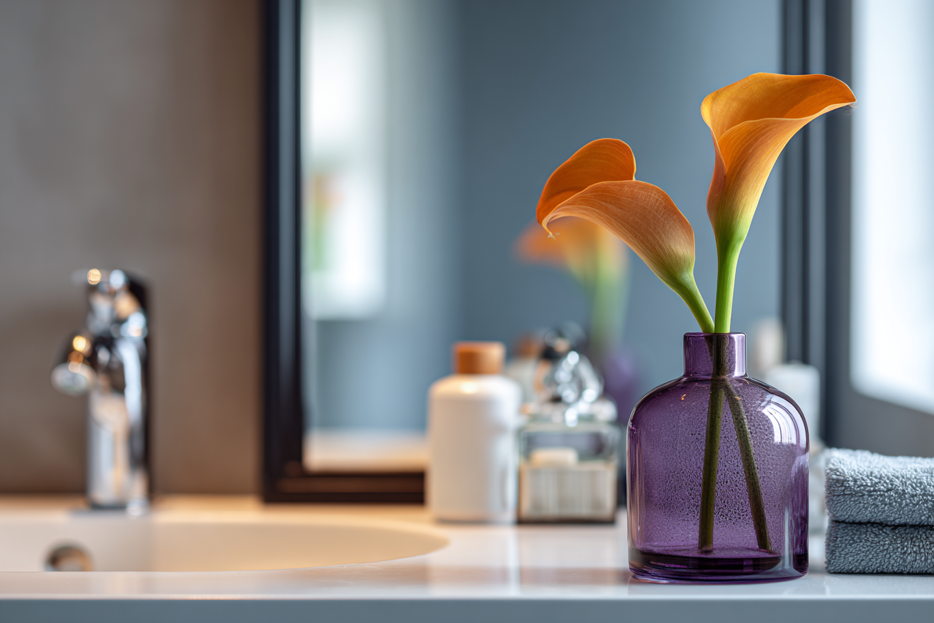 An orange calla lily in a purple glass vase on a bathroom sink.
