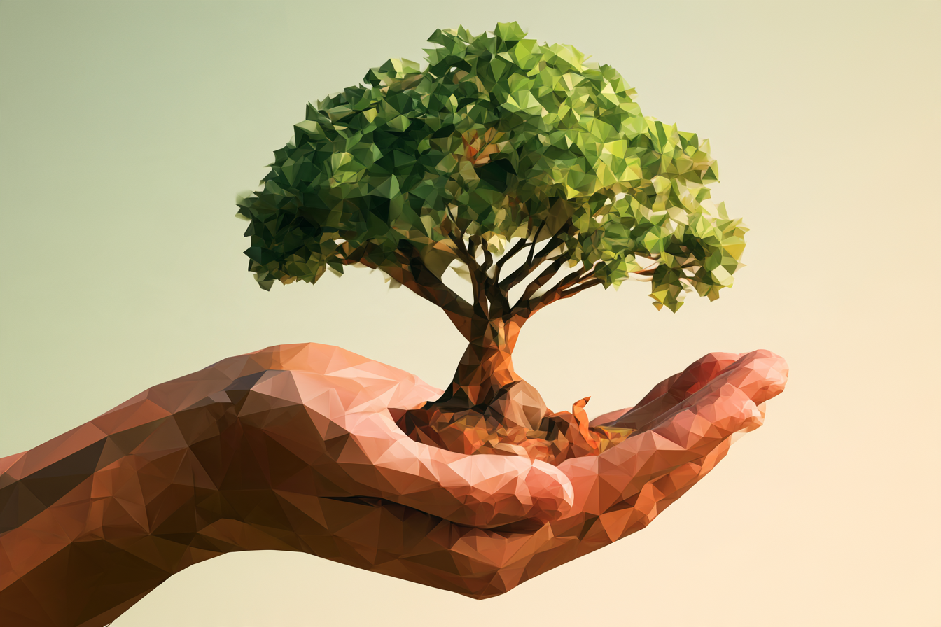 An illustration of a human hand holding a beautiful tree