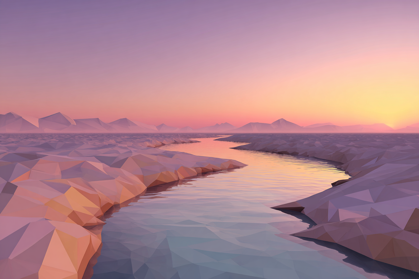 An illustration of a river flowing toward mountains