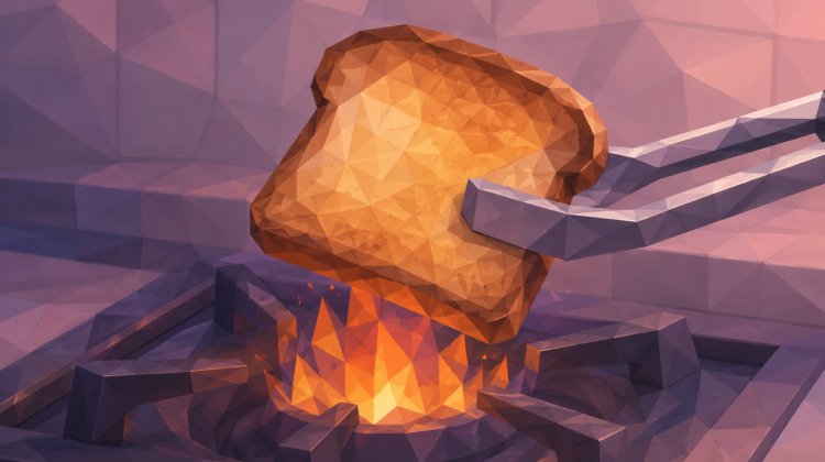 Illustration of tongs holding a piece of toast over an open flame
