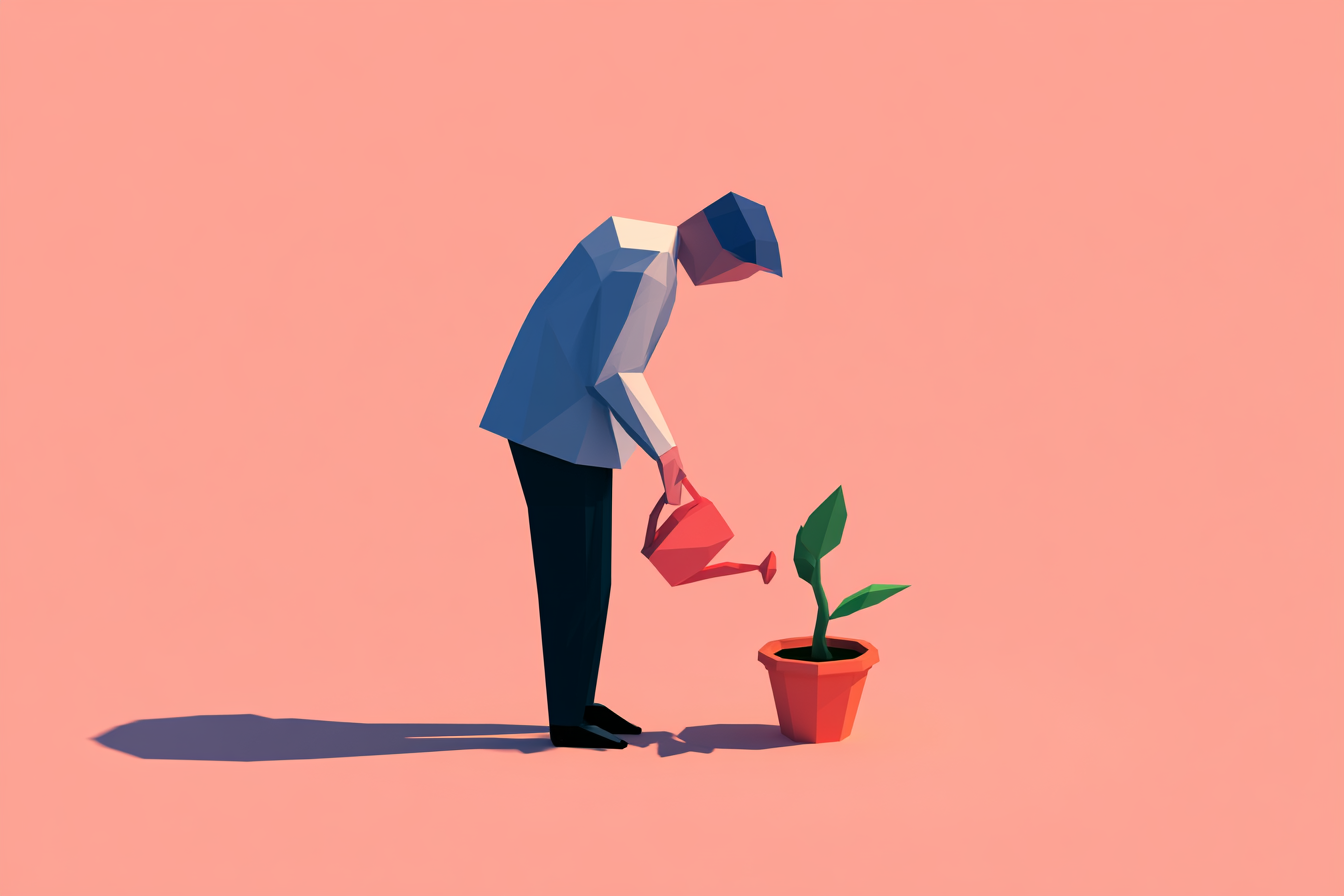 A man watering a small potted plant