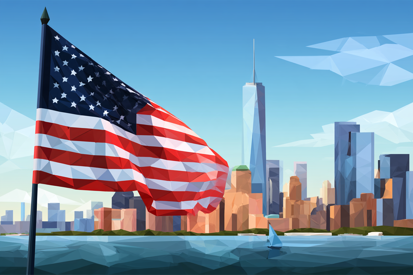 American Flag near lower Manhattan illustration