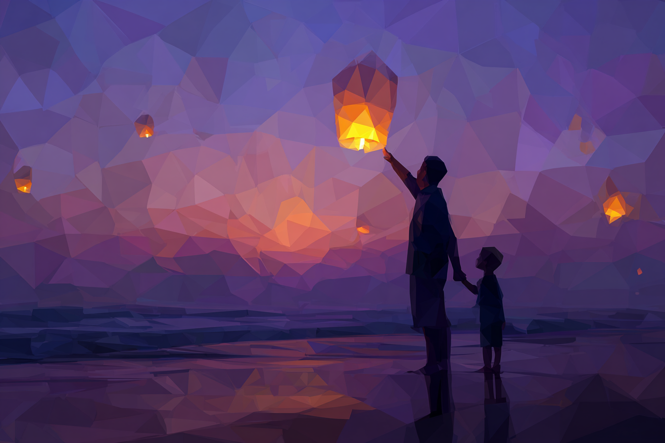 A father and child lighting sky lanterns at dusk