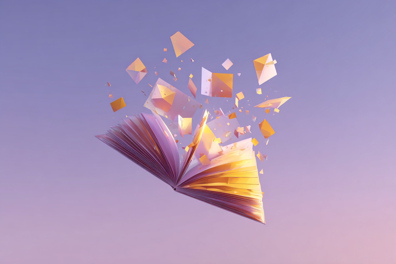 An illustration of pages flying out of a book