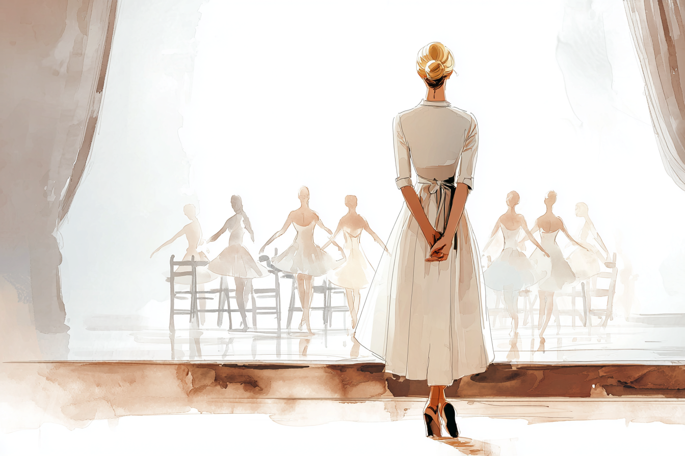 A woman stands off stage watching ballerinas rehearse.