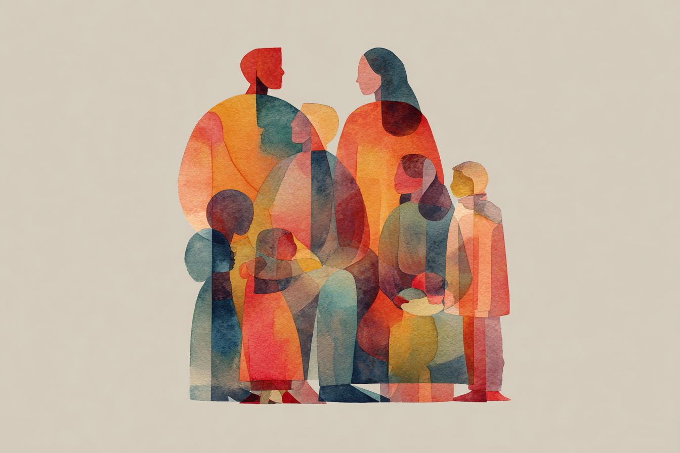 A watercolor of a family at Thanksgiving dinner.