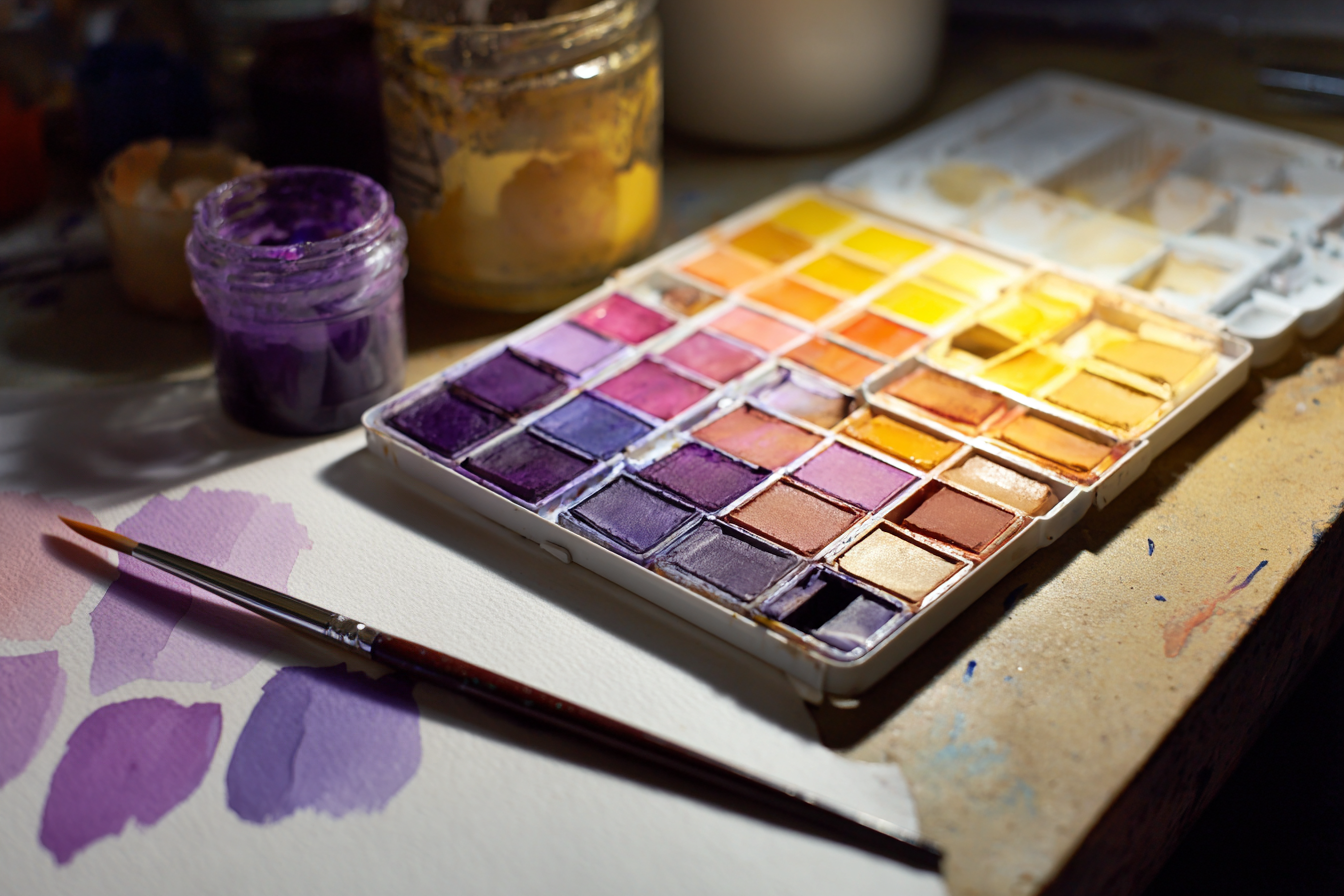 A watercolor brush and pallette